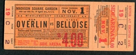 1940 Boxing Ken Overlin vs Steve Belloise Middleweight Championship Fight Ticket Cover