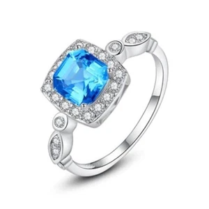 0.44ct Diamante Redondo Natural 14K Oro Blanco Topacio Azul Aniversario Alianza - Imagen 1 de 5