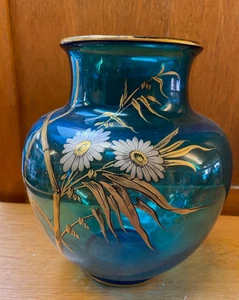 VASE BOULE ART NOUVEAU VERRE EMAILLE BLEU VENITIEN ET DECOR FLORAL AU HERON - Imagen 1 de 11