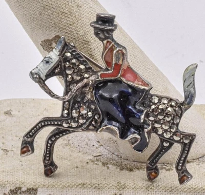 Estate Sterling Silver Multicolor ENAMEL & Marcasite Equestrian Lady Brooch Pin - Image 1 of 4