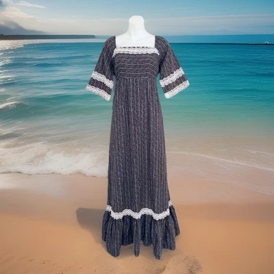 Maxi Vestido Vintage PRINCESA KAIULANI Talla M/L Azul Floral Encaje Volantes Cuello Cuadrado Foto 1 de 4