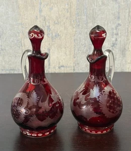 Vintage Ruby Red Bohemian Glass Cruet Set – Hand Cut & Etched, Clear Handles - Picture 1 of 7