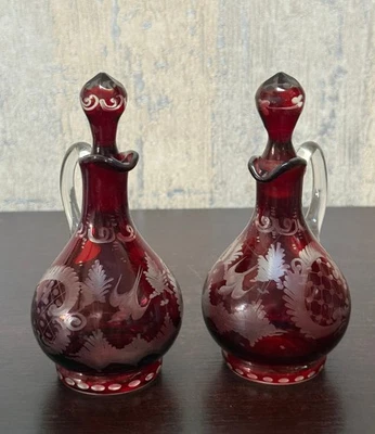 Vintage Ruby Red Bohemian Glass Cruet Set – Hand Cut & Etched, Clear Handles - Image 1 of 4