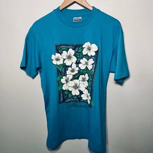 Hanes Vintage 90s T Shirt Fifty Fifty Teal Floral 1991 Southern Silk Screen L - Bild 1 von 6
