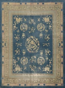 Antique Art Deco Area Rug 9x10 Chinese Vegetable Dye Pre-1900 Blue Carpet - Picture 1 of 20