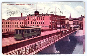 Elgin ILLinois Chicago Street Bridge Railway Trolley Postcard D289 - Picture 1 of 2