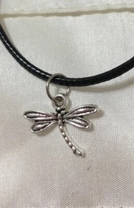 Small Silver Tone Dragonfly Pendant Charm Black Cord Necklace 18” Adjustable - Picture 1 of 12