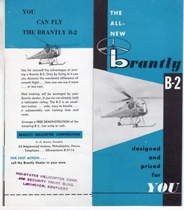 BRANTLY B-2 Helicopter Vintage 1959 Foldout Brochure Poster Aviation Advertising - Picture 1 of 3
