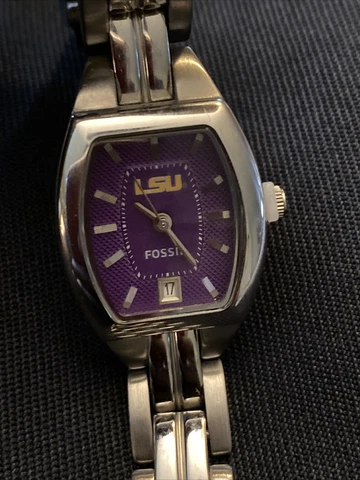Vtg Fossil LSU Tigers Ladies Watch, Metal, With NEW BATTERY Cover