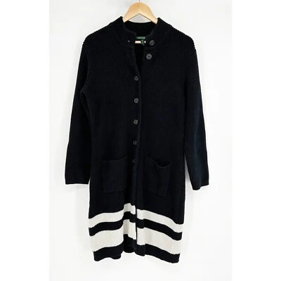 Ralph Lauren Black Knit Long Cardigan White Striped Womens L Cotton Duster Rib - Image 1 of 4