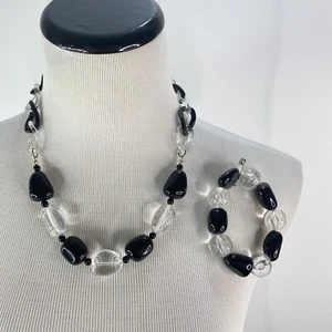 Necklace and stretch Bracelet Set Black Clear chain beads adjustable 80's 90's - Picture 1 of 11