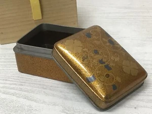 Y2105 BOX Makie gold lacquer tin edge case Japanese antique Japan storage - Picture 1 of 12