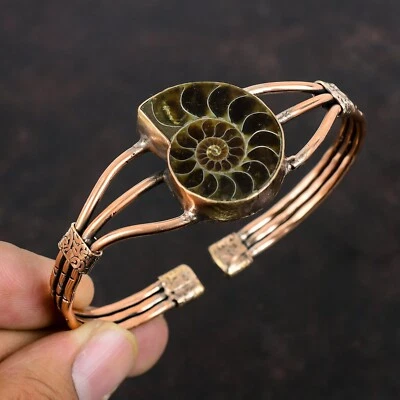 Brazalete brazalete envuelto en alambre piedra fósil pera amonita venta día mujer cobre Foto 1 de 4