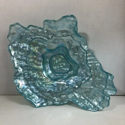 "Plato de vidrio de ostra azul iridiscente Akcam 13"" hecho a mano colección costera Turquía" Foto 1 de 4