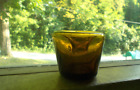 PONTILED OLIVE AMBER FUNNEL INKWELL HAND BLOWN INK BOTTLE WITH BUBBLES