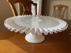 Fenton White Milk Glass Silver Crest Pedestal Cake Stand Plate Ruffled 13" - Picture 1 of 4