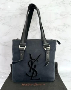 Yves Saint Laurent rive gauche KAHALA Navy Canvas Black Leather Tote Bag Vintage - Picture 1 of 11