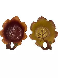 Figi Gatherings Dish Set of 2 Fall Leaf candy dishes Brown Green Nice condition - Picture 1 of 6