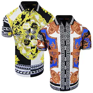 Mens Polo Shirt Luxury Italian Gold Floral Panels Stripe Slim Fit Stretch Casual - Picture 1 of 10