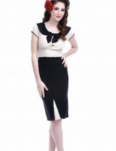 Stop Staring Von-Sweet Fitted XL Dress Rockabilly Tan Black Wiggle $239 - Picture 1 of 6