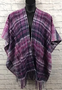 Woolrich Womens Poncho Wrap Knotty Weaved Yarn Purple Pink Shawl Fringe Hem OSFA - Picture 1 of 8