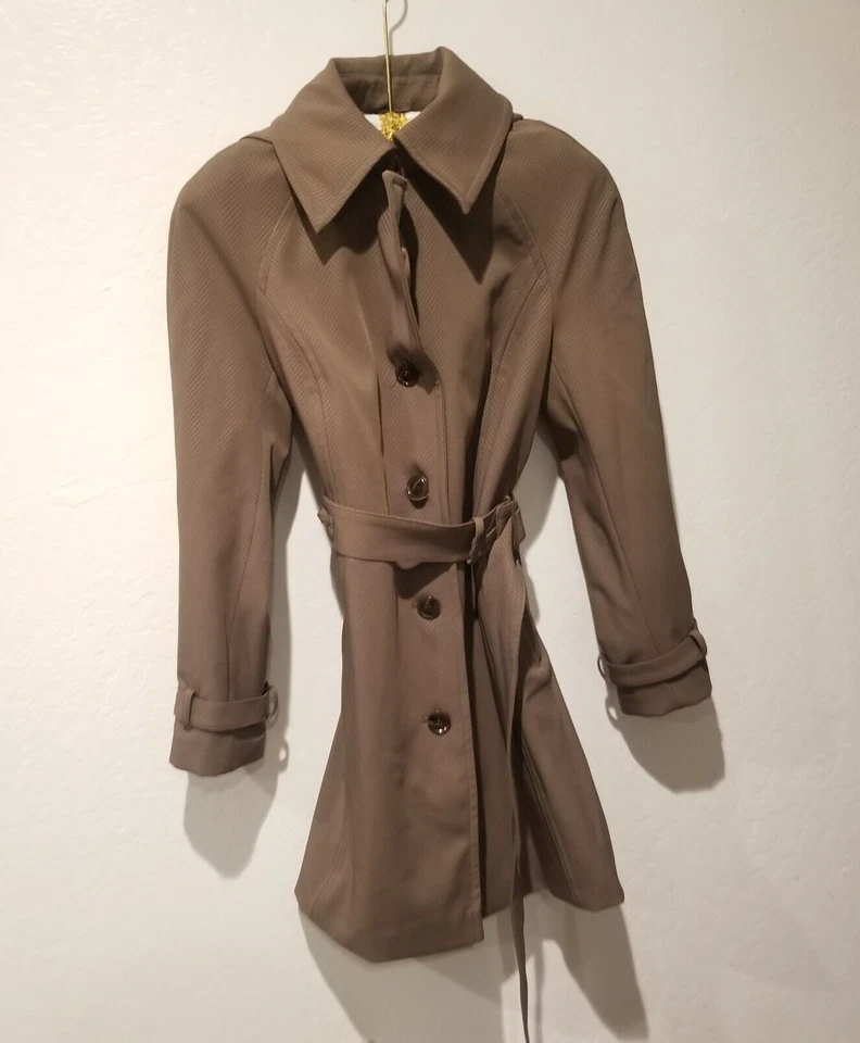 Hilary Radley 女式人字形连帽风衣小号棕色弹力腰带 — 第 1/4 张图片