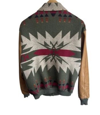 Vintage Pendleton Men’s Aztec Wool Blanket Leather Sleeve Bomber Jacket Size L - Image 1 of 4