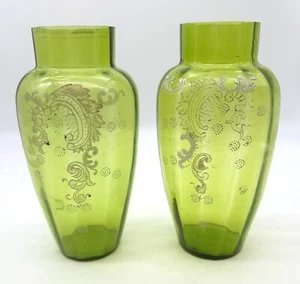 Pair Of Antique Green Glass Handpainted Bohemian 10” Mantle Vases - Picture 1 of 8