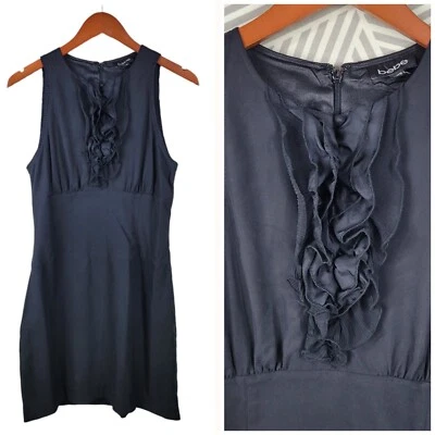 Vintage Y2K Bebe Dress Sz Medium Sheath Silk Career Cocktail Party Black Ruffle - Image 1 of 4