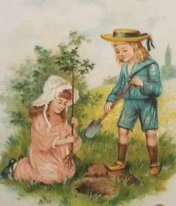 Antigua Tarjeta de Felicitación Matthew 5:8 Santa Alegría Sé Tu Niño y Niña Plantando Árbol - Imagen 1 de 6