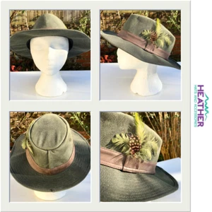 HEATHER Men's Rambler Wax Cotton Trilby Hat OLIVE GREEN & Feathers LARGE | 60cm - Picture 1 of 24