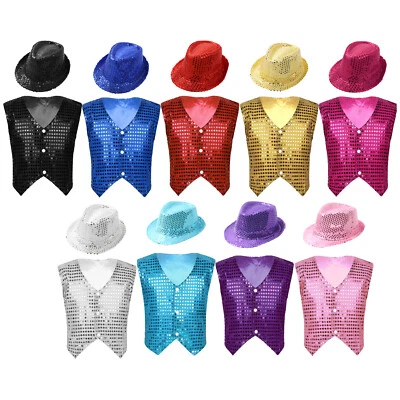 IINIIM Jungen Pailletten Kostüm Set Party Jazz Hip-Hop Performance Weste mit Hut Outfit