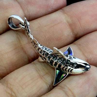 925 Pendente Argento Sterling Decorato Madreperla Shark Naturale Gemma Gioielli - Immagine 1 di 4