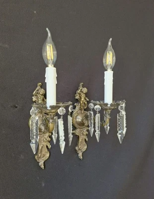 Antique Vintage Pair Light Wall Lamps  Sconces Brass Bronze And Crystal 1 Light - Image 1 of 4