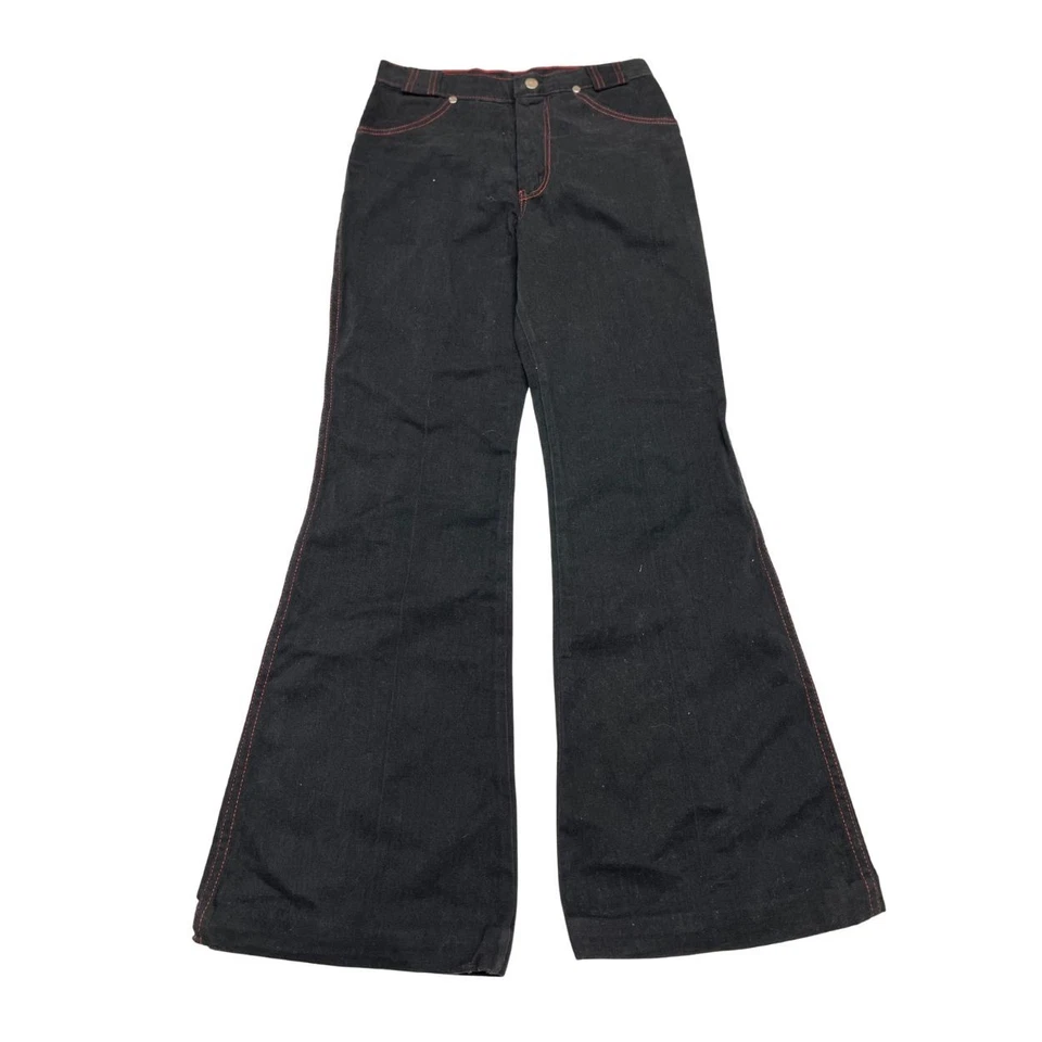 VTG 70s MAVERICK Wide Bell Bottom Flare Black Denim Hippie Jeans Goth Size 26 - Image 1 of 4