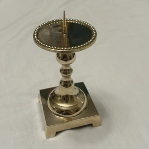 Vintage MCM Brass Pricket Candlestick 6” Polished Beaded Tray Square Base - Picture 1 of 5