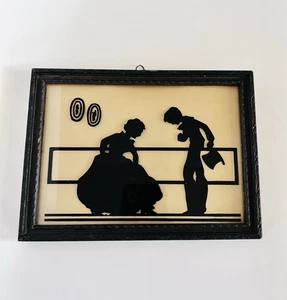 Vintage Antique Victorian Black SILHOUETTE Couple ~ 5x7 Carved Framed Picture - Picture 1 of 9