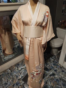 Vintage Seidenkimono wahrscheinlich antik Rouge Farbe handbemalt Blumen & Obi - Bild 1 von 14
