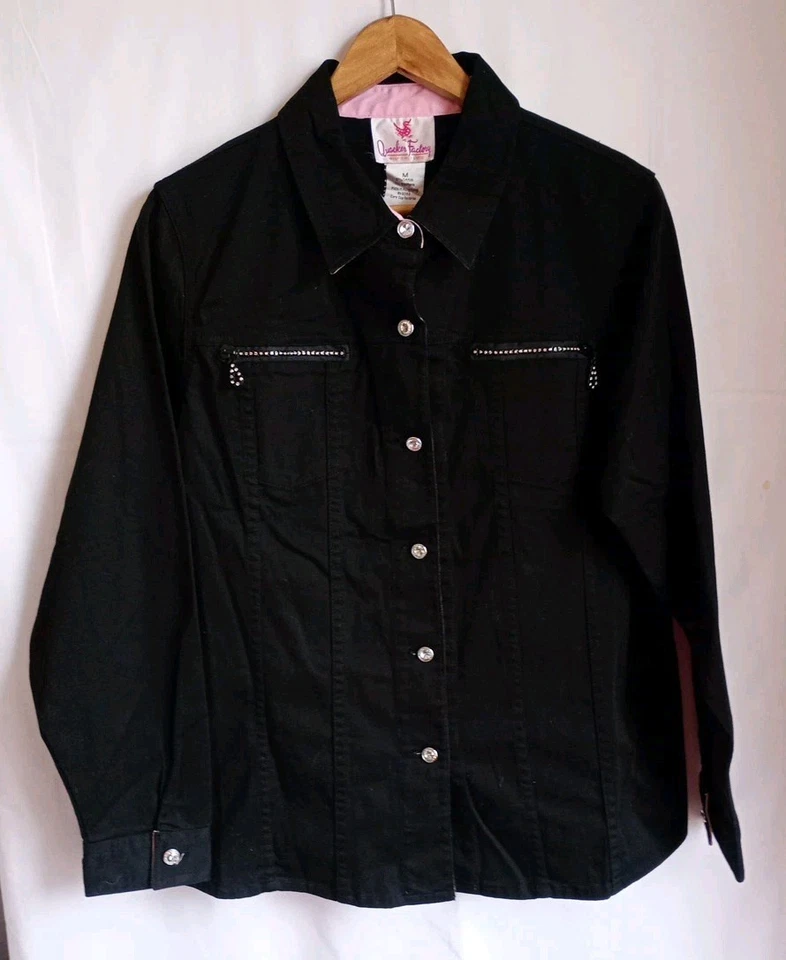 Quacker Factory Black Denim  Jacket with Clear Rhinestone & Jewels Womens Size M - Image 1 of 4