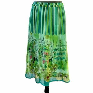 Vntg Sz 16 Silk Skirt Scenic Floral Architectural Print Sequin Boho Artistic Y2K - Picture 1 of 19