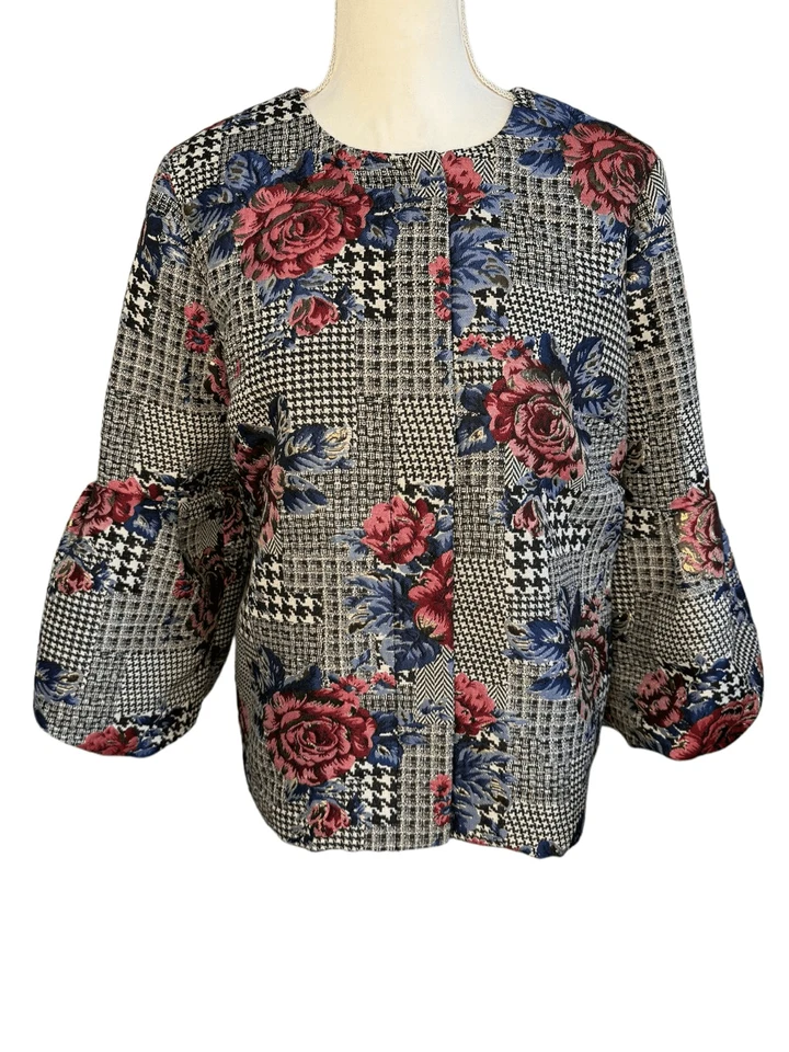 Chaqueta Blazer Para Mujer Alfani Mediana Metálica Floral Manga Burbuja Cierre a Presión Foto 1 de 4