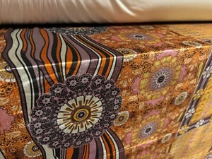 Stretch Spandex Velvet Fabric, Per Metre - Retro Floral Border Print - Gold Pink - Picture 1 of 5