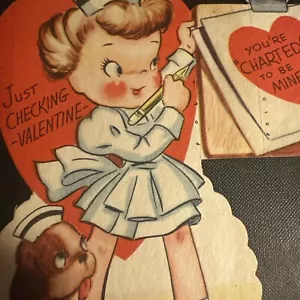 Vintage Valentinstag Karte 50er Jahre gestanzt kleines Mädchen Krankenschwester Karte nur überprüfen - Bild 1 von 6