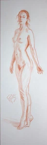Original weiblicher roter Buntstift auf Papier Leben Zeichnung Akt Mädchen Frau Kunstwerk Kunst - Bild 1 von 1