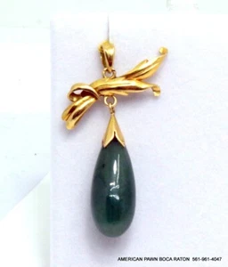 Vintage Jade Drop 14K Gold Green Teardrop Gemstones  Pendant - Picture 1 of 8