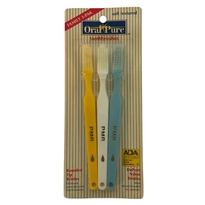复古 Oralpure Family 3 件装牙刷带 Dupont 尼龙刷毛柔软 80 年代 — 第 1/2 张图片