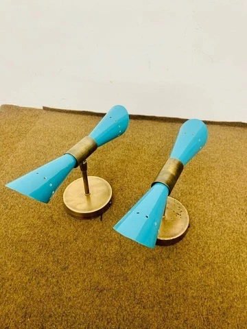 1950's Mid Century Brass Italian Diabolo Wall Sconce Light -Fixture 2 Bulb Pair Cover