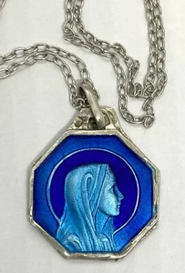 Antique 1920’s French 925  Silver Blue Enamel Religious Pendant Necklace 18.1/2” - Picture 1 of 12