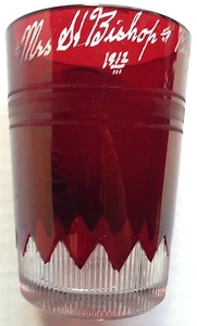 1912 PEARL, IL, MRS. H. BISHOP RUBY RED FLASH WHISKEY GLASS, JUICE TUMBLER - Picture 1 of 7