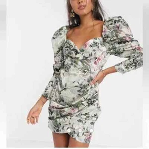 Minivestido de cóctel con manga abullonada estampado floral en sombra EDICIÓN ASOS EE. UU. 12 - Imagen 1 de 6